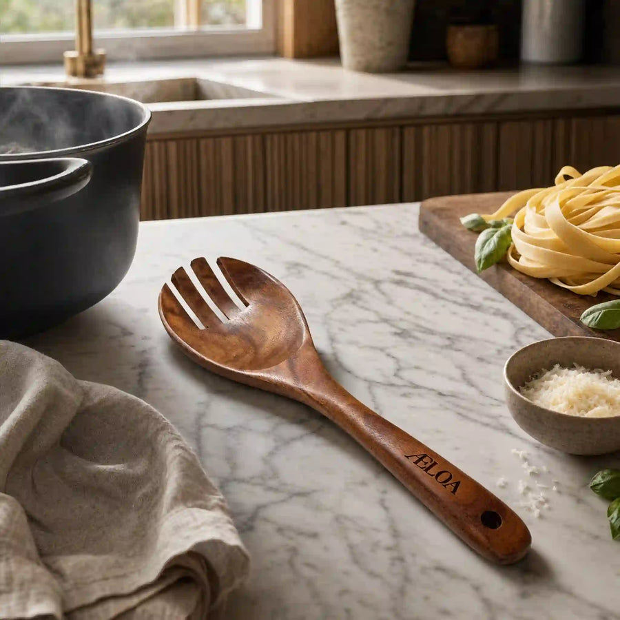 Pastaske i akacietræ med tre tænder og indbrændt ÆLOA-logo på marmorbord med frisk pasta, plastikfri spaghettiske